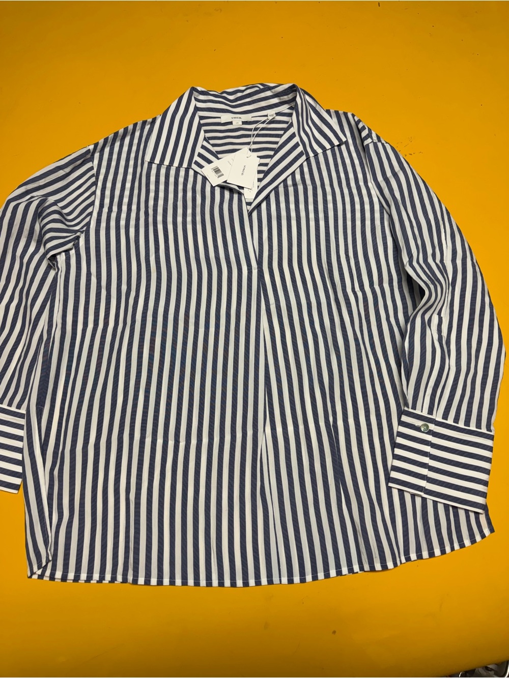 Vince Navy and White Vertical Stripe Button-Down Shirt
